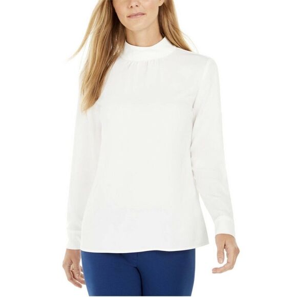 Calvin Klein Womens Mock Neck Blouse Ivory Long Sleeve Button Cuff - Picture 1 of 8